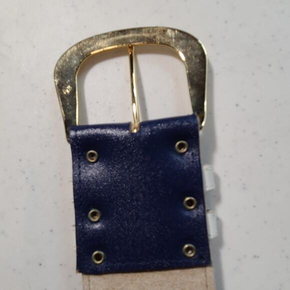 Vintage 80s Wide Colorblock Butter Yellow Navy White Leather Belt M Nautical - Picture 8 of 9